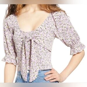 NWT Vero Moda Size Medium Bohemian Cream Purple Floral Front Tie Peasant Blouse